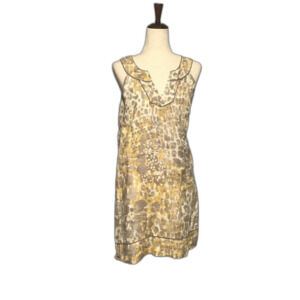 Loft Size 6 Yellow Gray Animal Print Sleeveless V-Neck Shift Lined Linen Dress